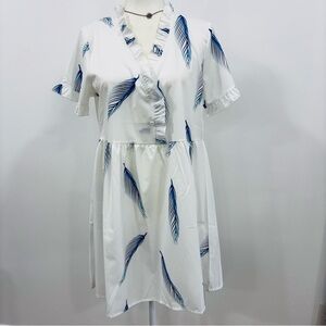 Exclusive Lightweight Summer Dress Feather Pattern Size Med Blue/White